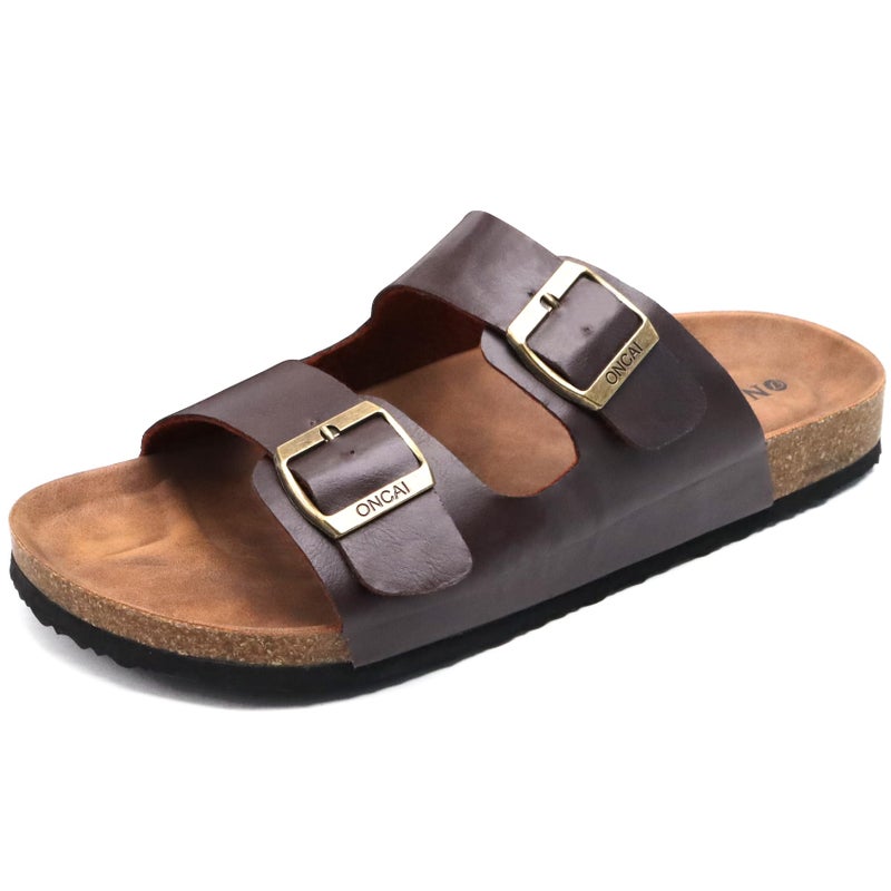 ONCAI Men's-Slide-Sandals-Beach-Slippers-Slippers Shoes & Indoor and Outdoor Anti-skidding Flat Cork Sandals and Fashion Mens Leather Beach Slippers with Two Adjustable Straps Size 12 - Image 1